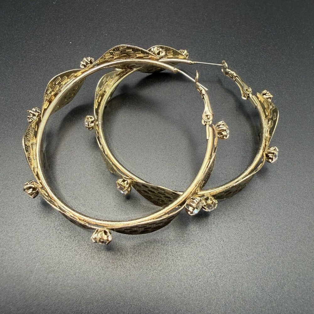 Gold Wavy Hoop Earrings Rhinestone Textured Filigree Statement Large Boho Gypsy